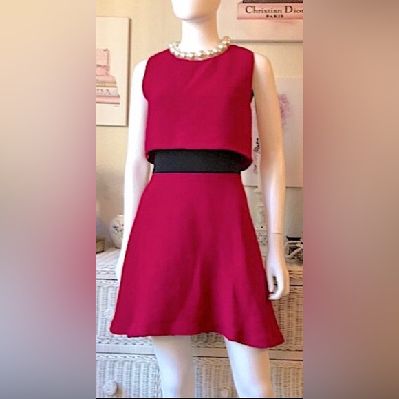 Maje Dresses & Skirts - Maje layered color block dress magenta red with black midriff band size Small